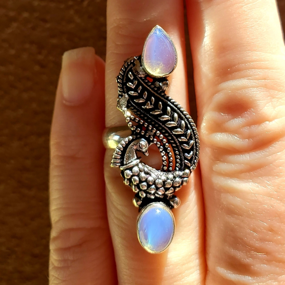 Brand New Opalite Silver Peacock Ring.